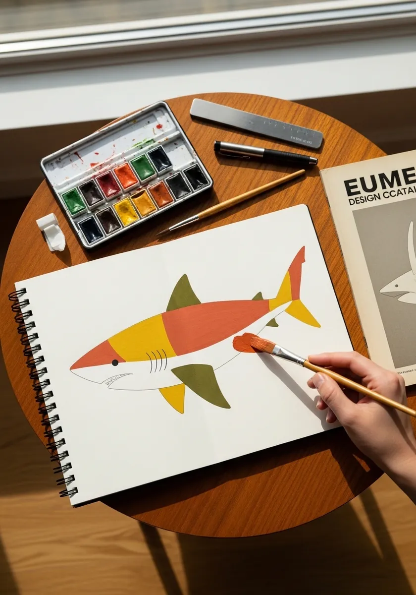 Flat mid century modern shark design in olive orange and mustard shapes