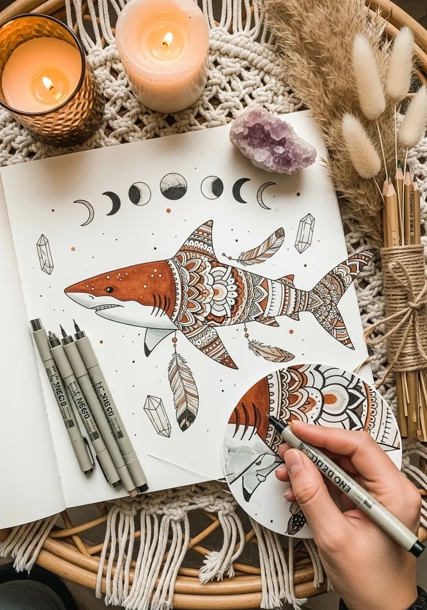Boho shark covered in mandala patterns with moon phases feathers and crystals