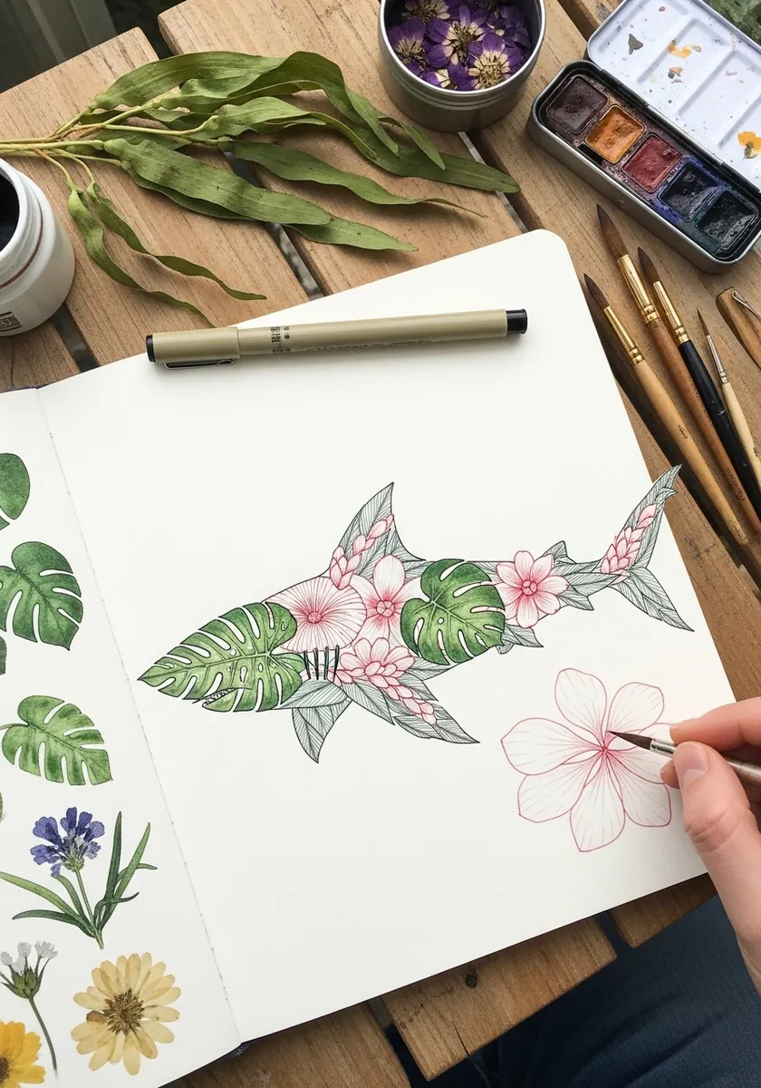 Shark shape formed from green monstera leaves and pink tropical flowers