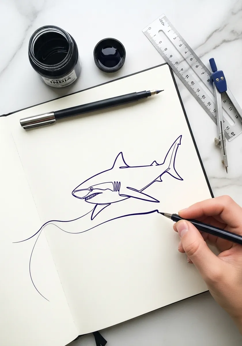 Continuous single blue line drawing of a shark with a long trailing tail line
