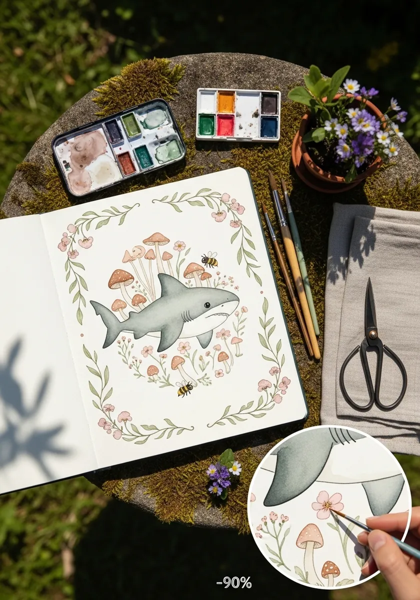 Whimsical gray shark framed by a wreath of pink mushrooms and green leaves
