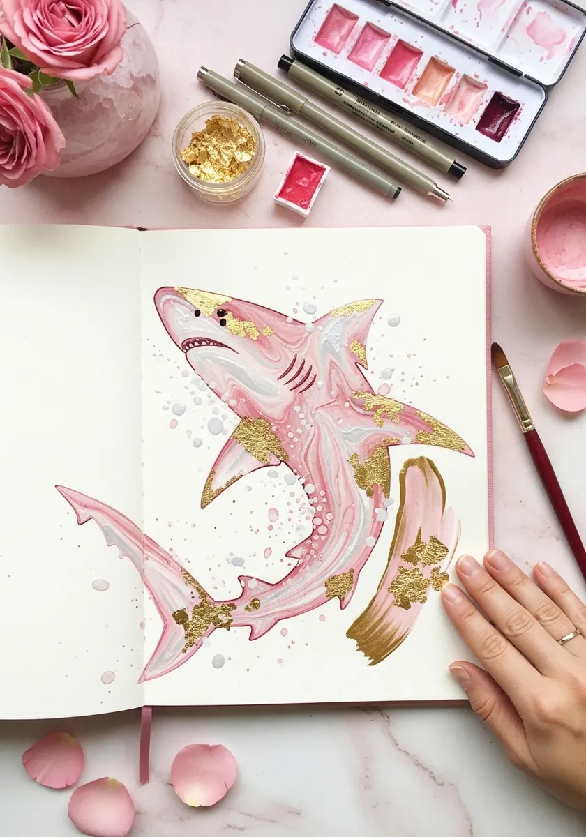 Pink marbled shark with gold leaf accents and a gold brushstroke behind it