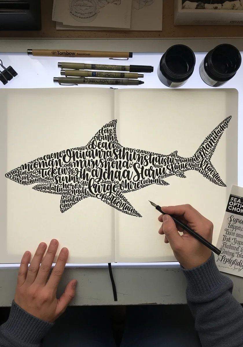 Shark silhouette formed entirely from black hand lettered words