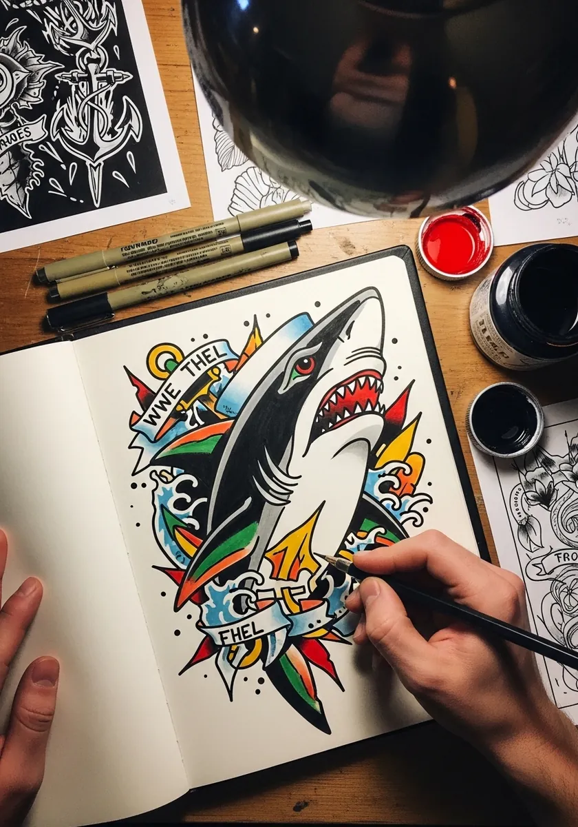 Traditional tattoo flash shark with a ribbon banner and bold color fills