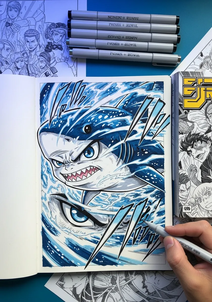 Manga style shark charging forward with blue speed lines and water spray