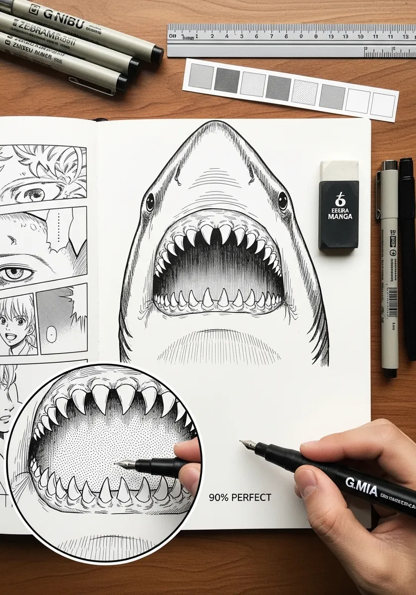 Close up manga ink drawing of a shark with open jaws and rows of teeth
