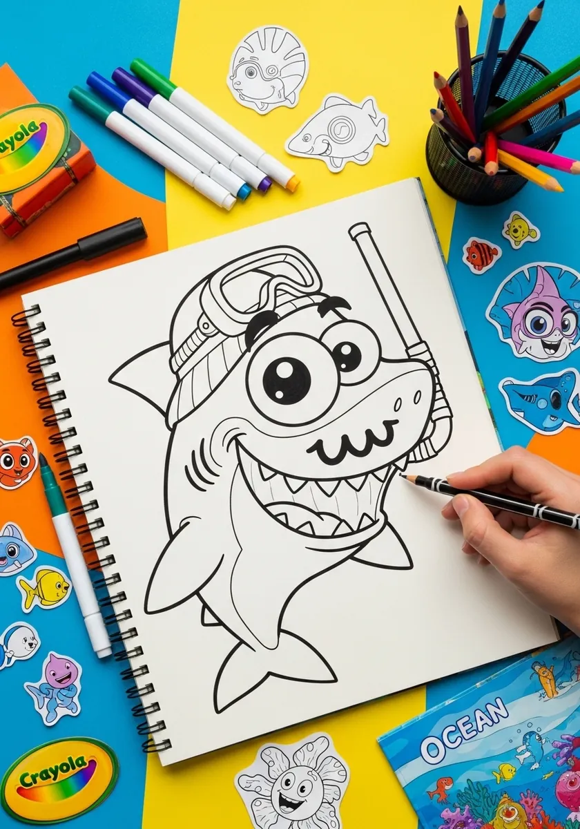 Cartoon shark wearing a snorkel and mask drawn as a coloring page outline