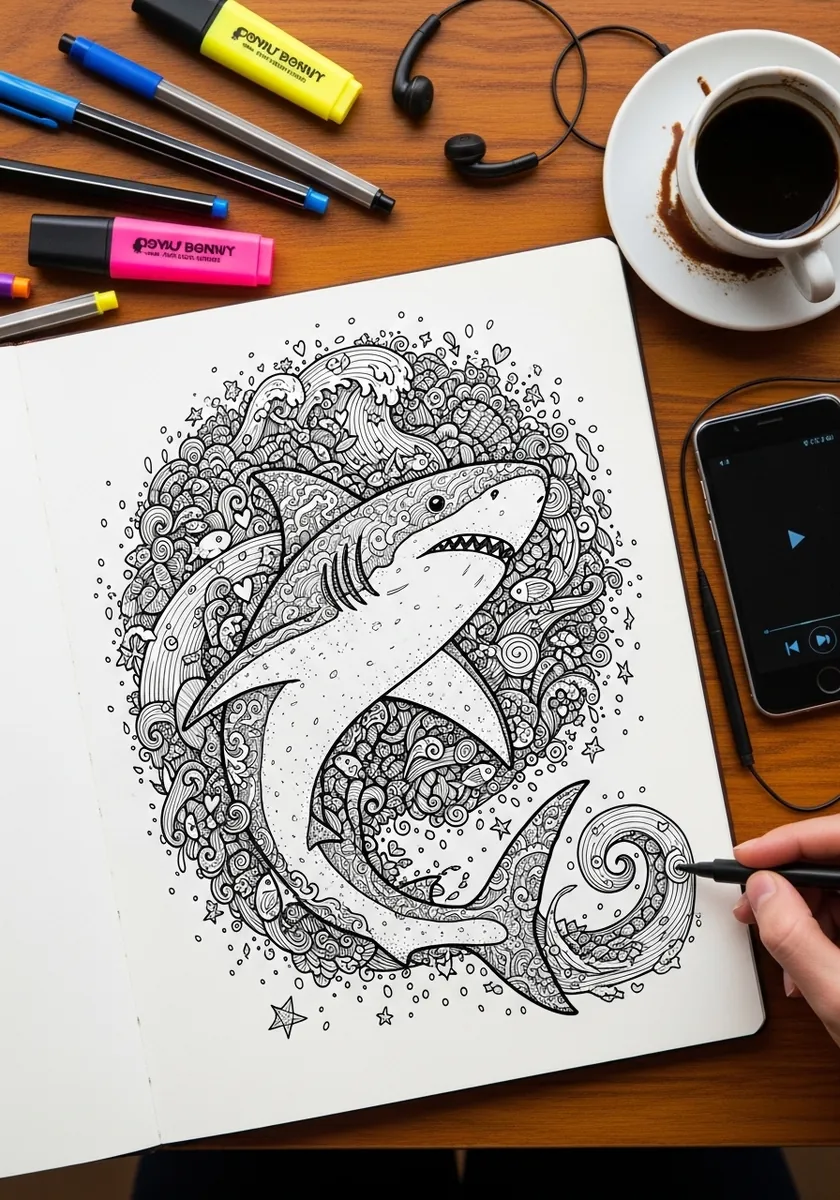 Zentangle patterned shark inside an ornate circular border of doodles