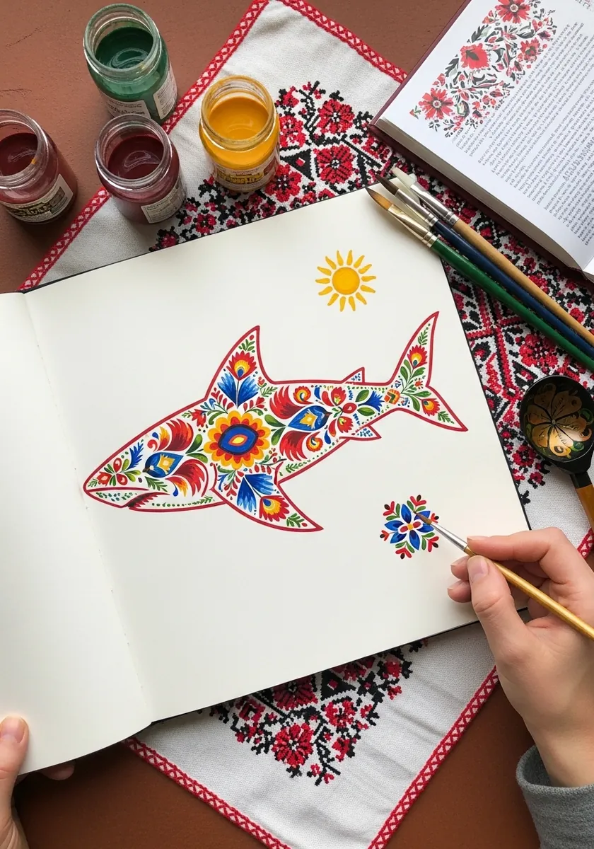 Folk art shark covered in symmetrical red blue and yellow flower motifs