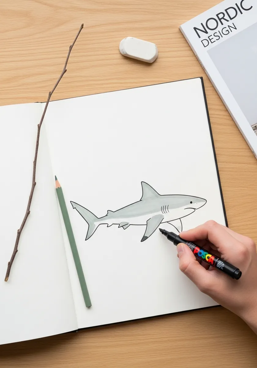 Minimal gray shark outline in clean simple lines on plain white paper