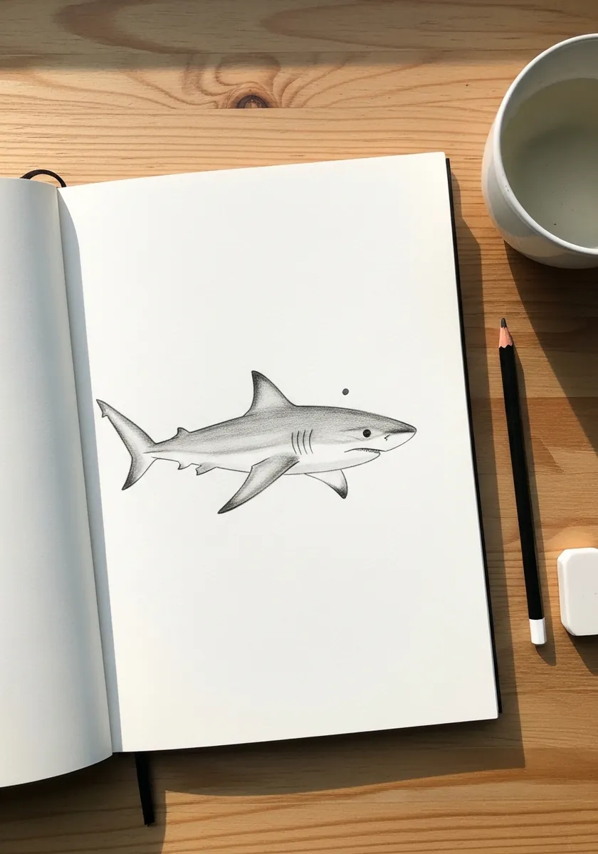 Simple light pencil sketch of a shark in a sketchbook with minimal shading