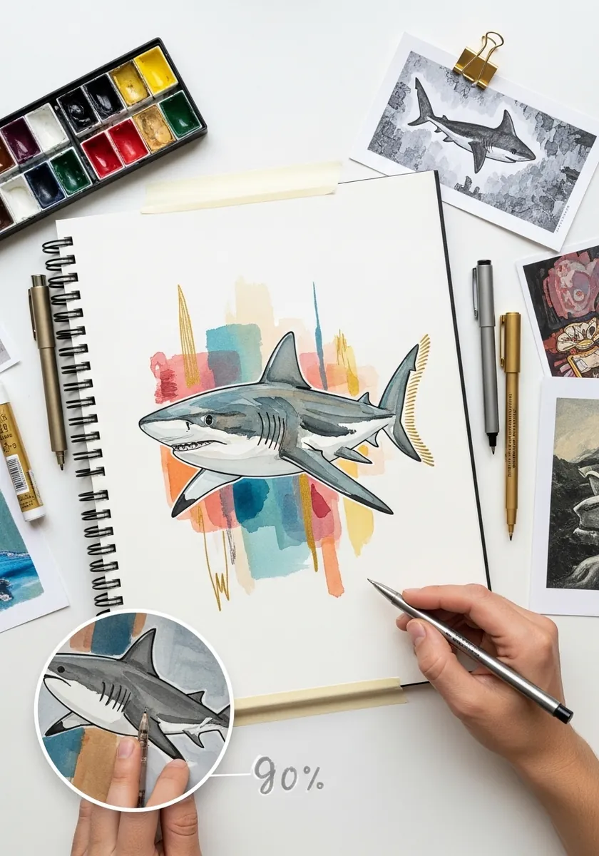 Urban sketch shark in ink over loose blocks of watercolor in red and blue