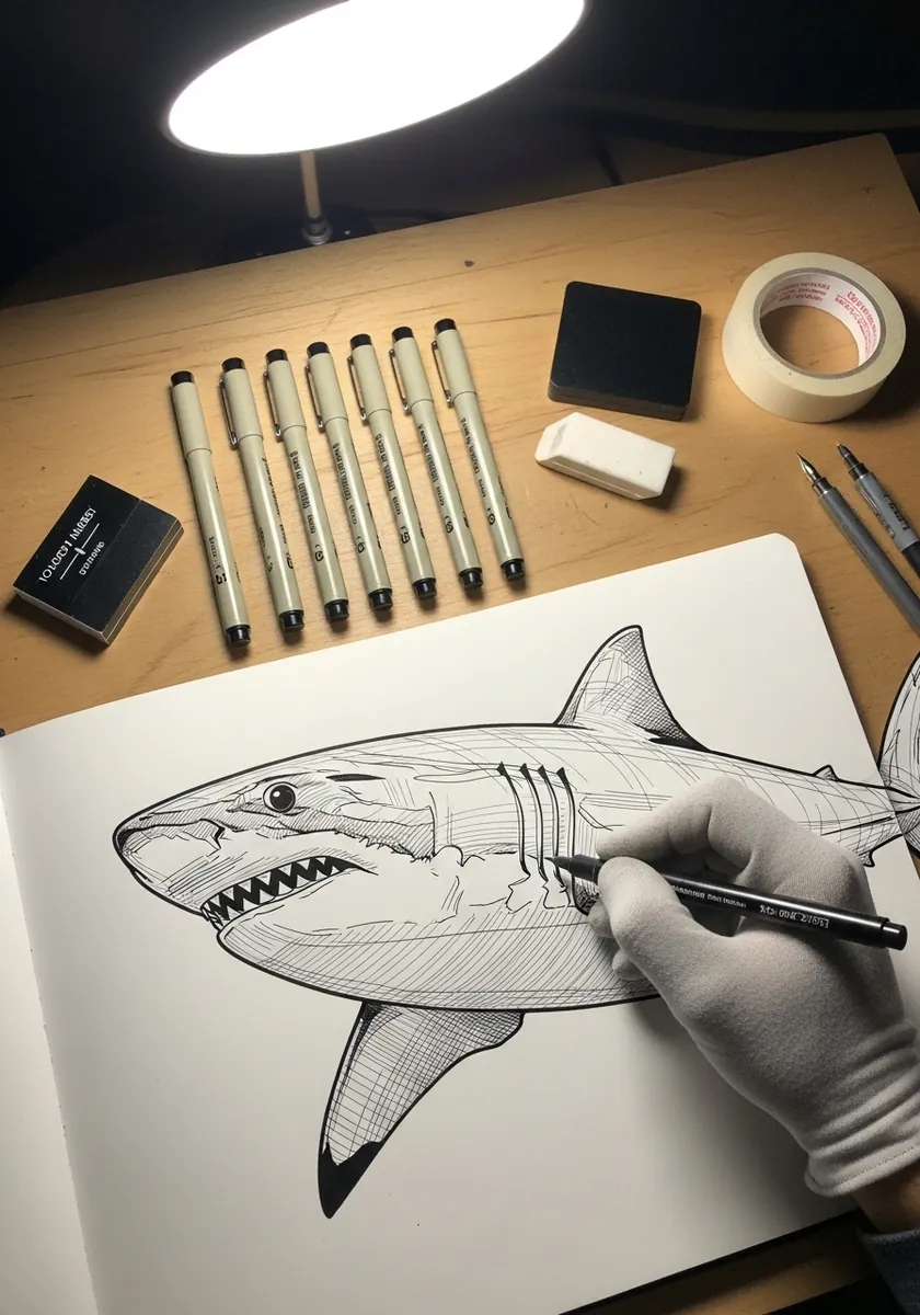 Detailed fine ink linework drawing of a great white shark with hatched shading