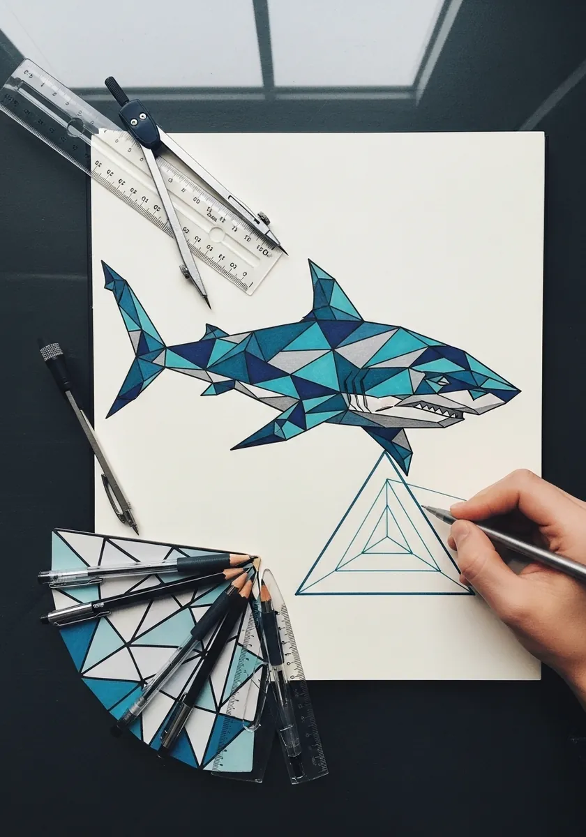 Low poly geometric shark made of teal blue and gray triangles
