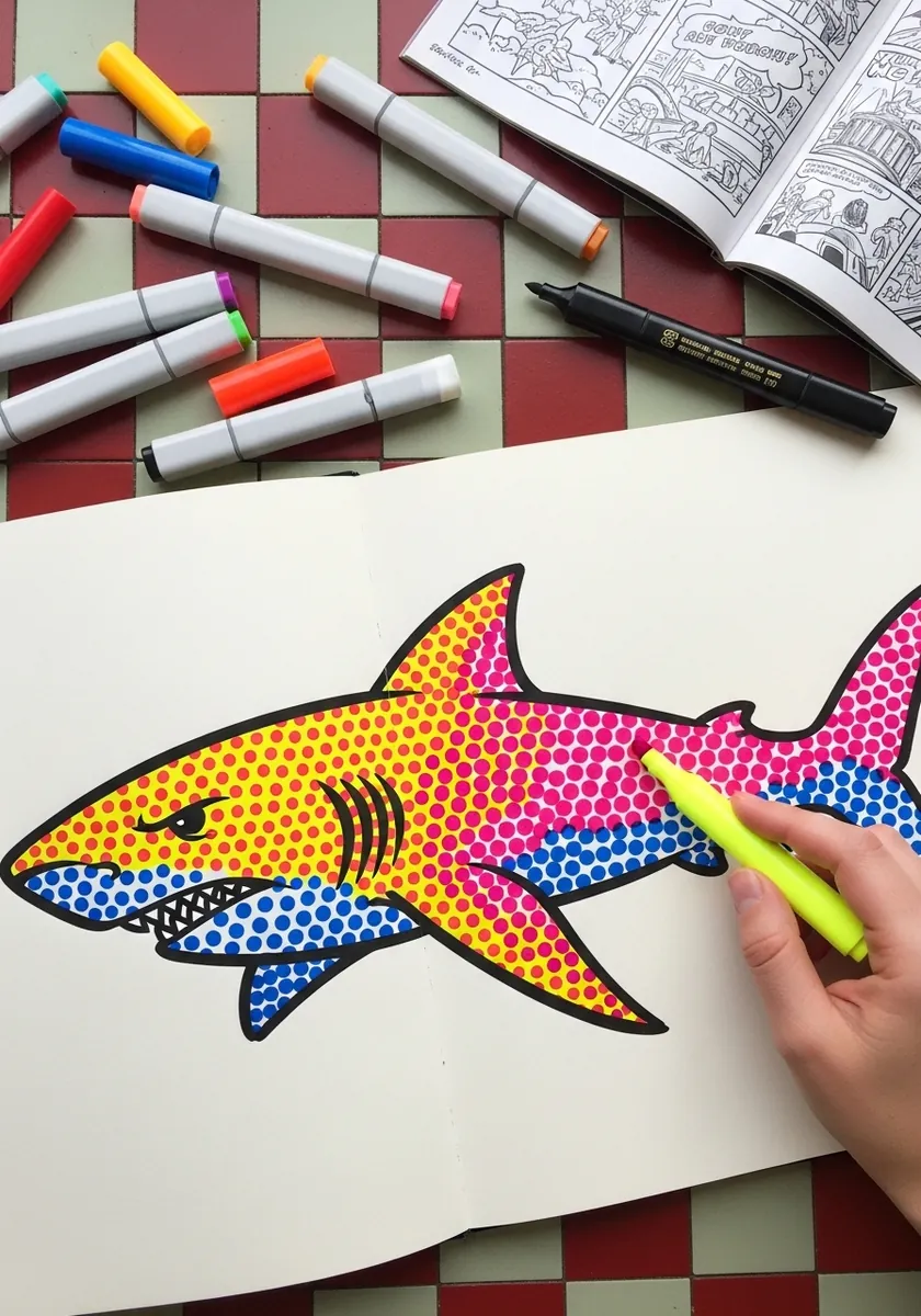 Pop art shark filled with rainbow halftone dots and a heavy black outline