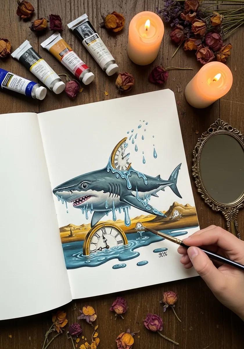 Surreal drawing of a shark with melting pocket watches dripping from its body