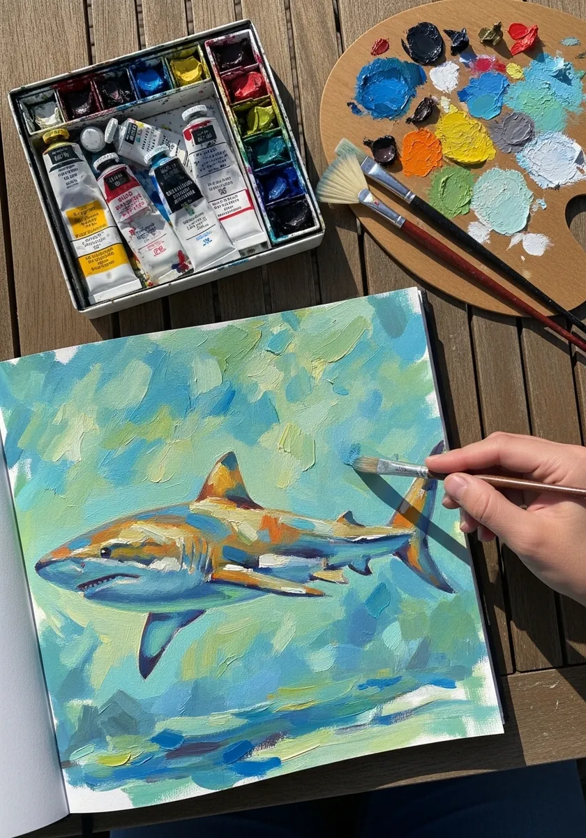 Impressionist palette knife painting of a shark in a turquoise and green sea