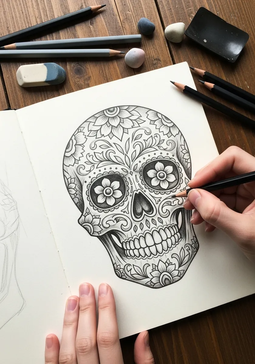Skull covered in delicate floral and mandala patterns drawn in pencil