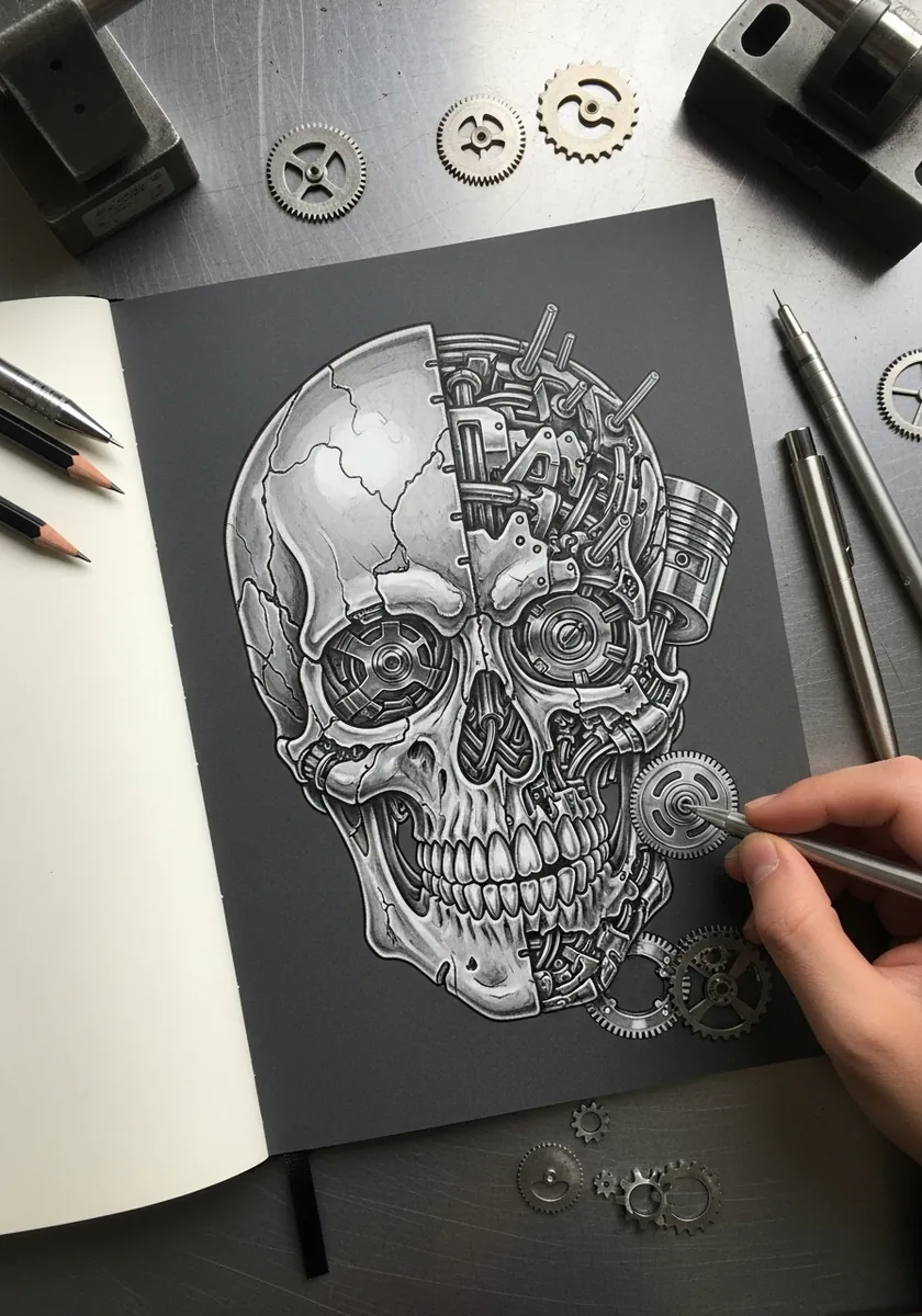 Steampunk skull with one half exposed as gears pistons and machinery