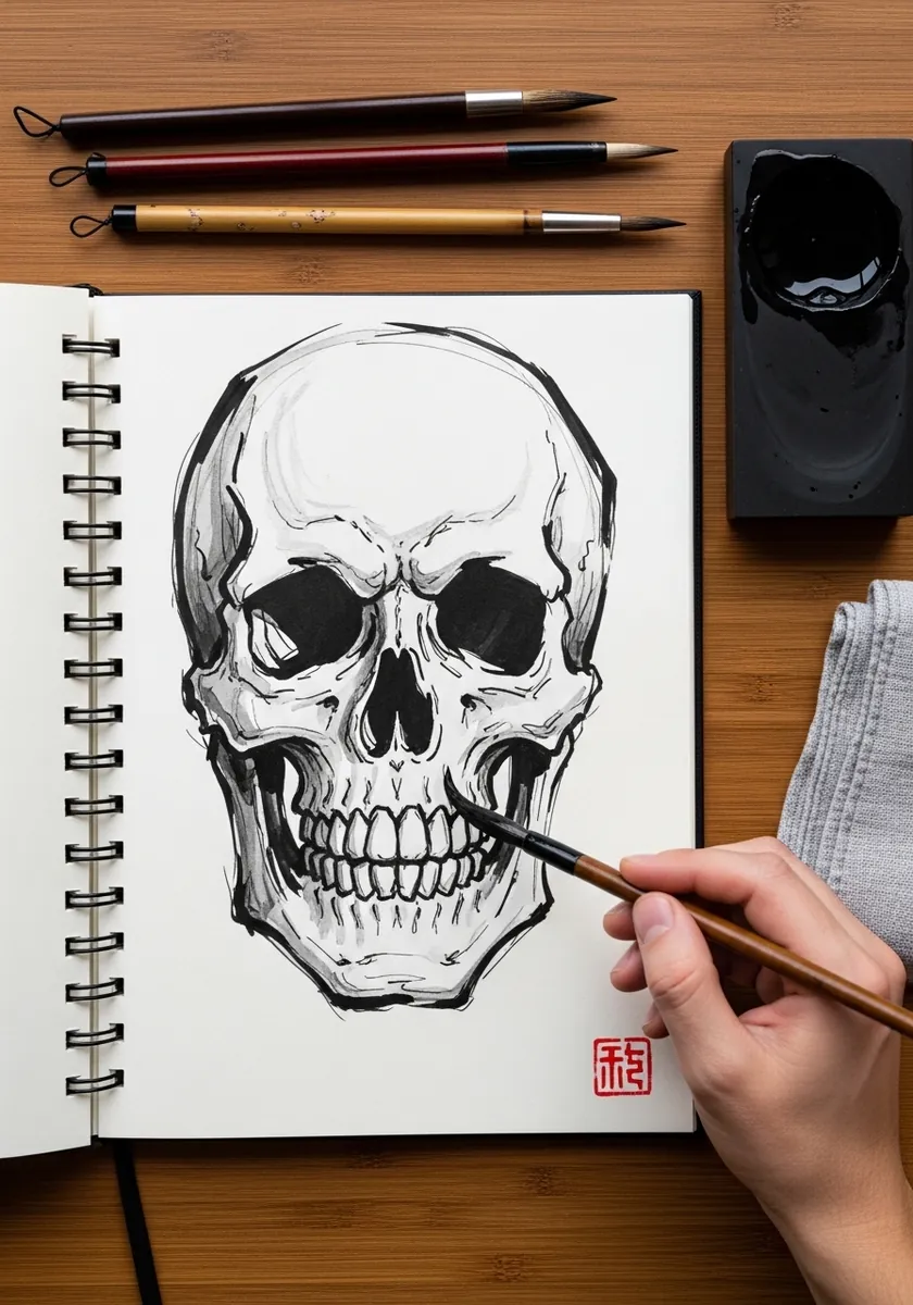 Bold black sumi-e brush ink skull with rough expressive strokes