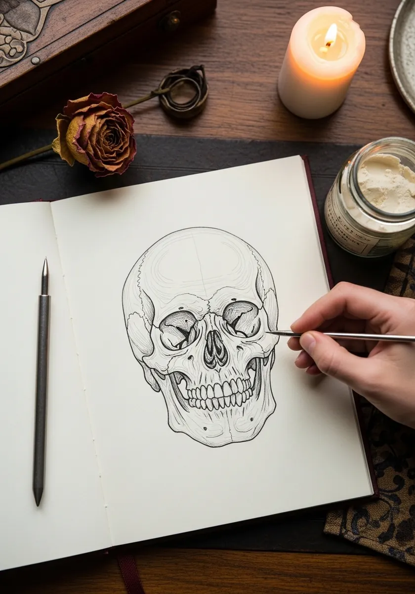 Delicate fine line skull drawing on warm aged cream paper