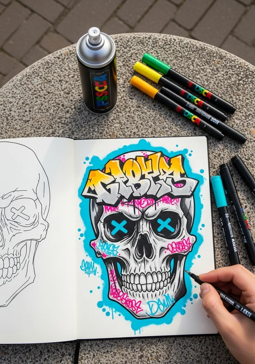 Graffiti skull with cyan outlines pink accents and wildstyle lettering above