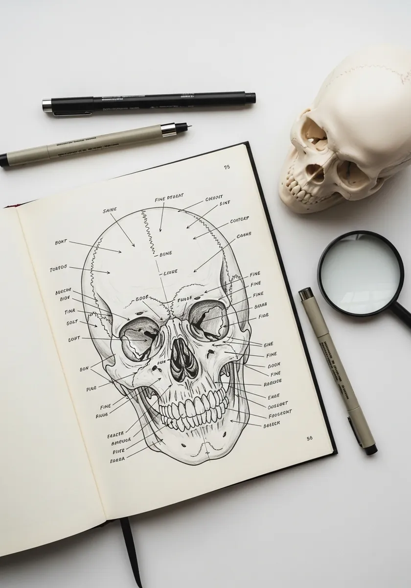 Anatomical skull diagram with fine leader lines and handwritten labels