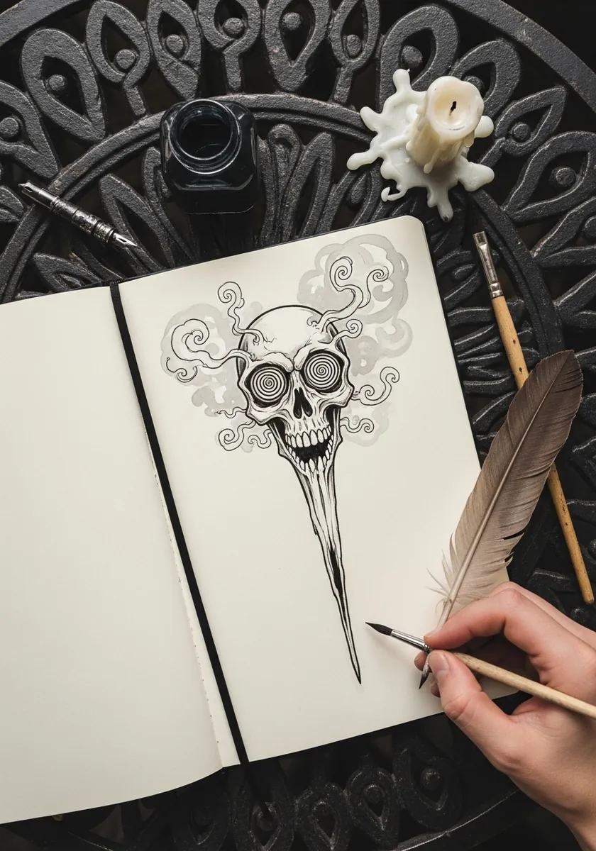 Surreal skull with spiral eyes dissolving into smoke and a long dripping jaw