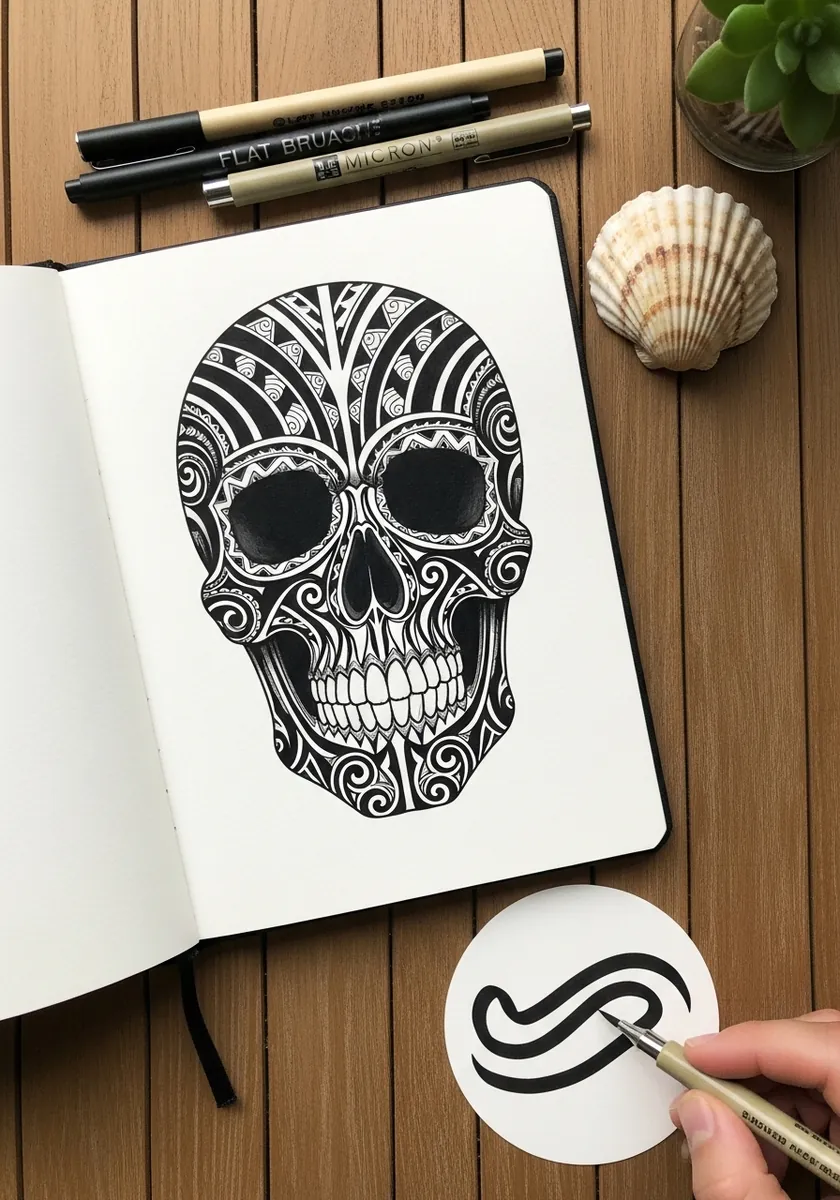 Skull filled with bold black tribal swirl patterns and solid eye sockets