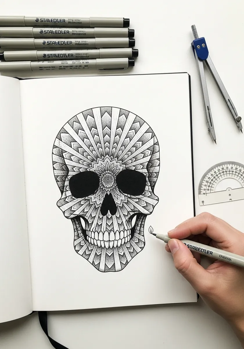 Skull filled with geometric sunburst and chevron patterns radiating outward