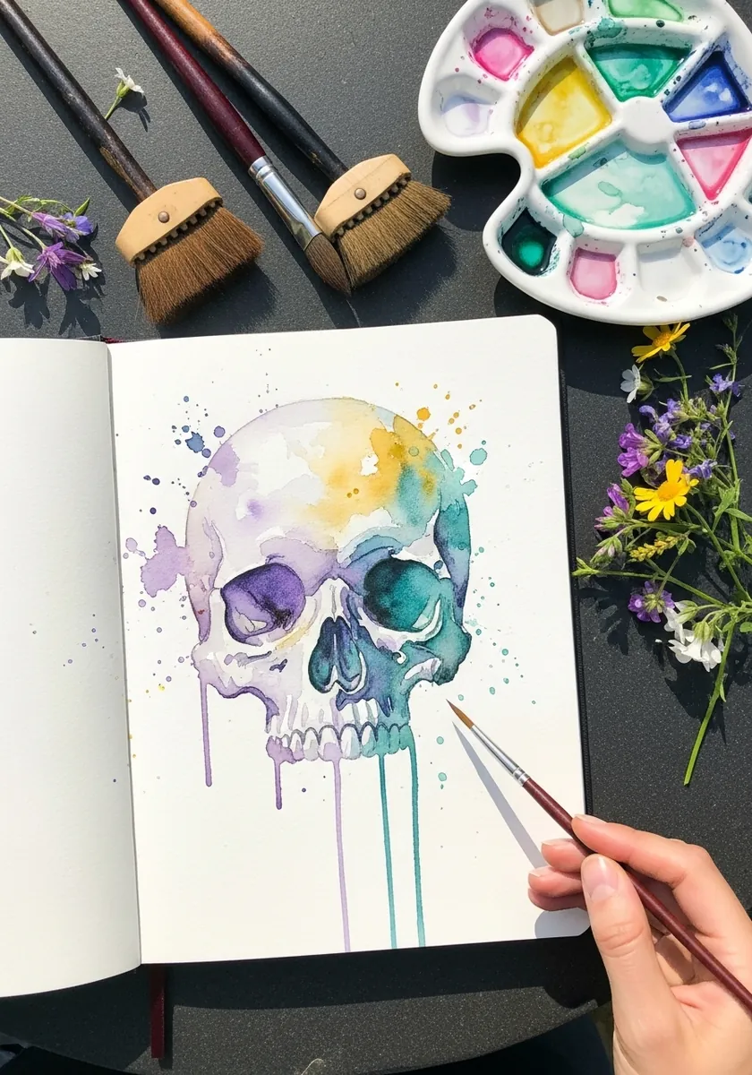 Loose pastel watercolor skull in yellow teal and violet with splatter