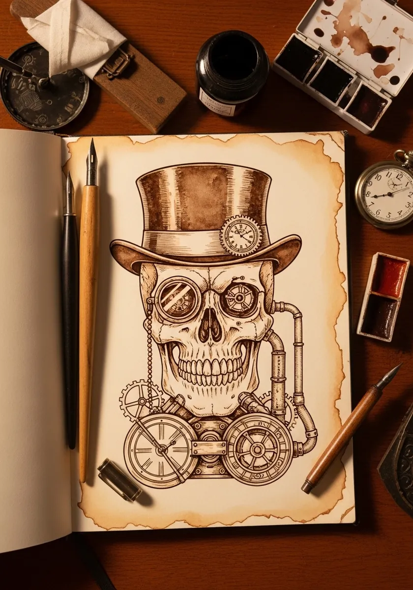 Sepia steampunk skull wearing a top hat with a monocle gears and pipes
