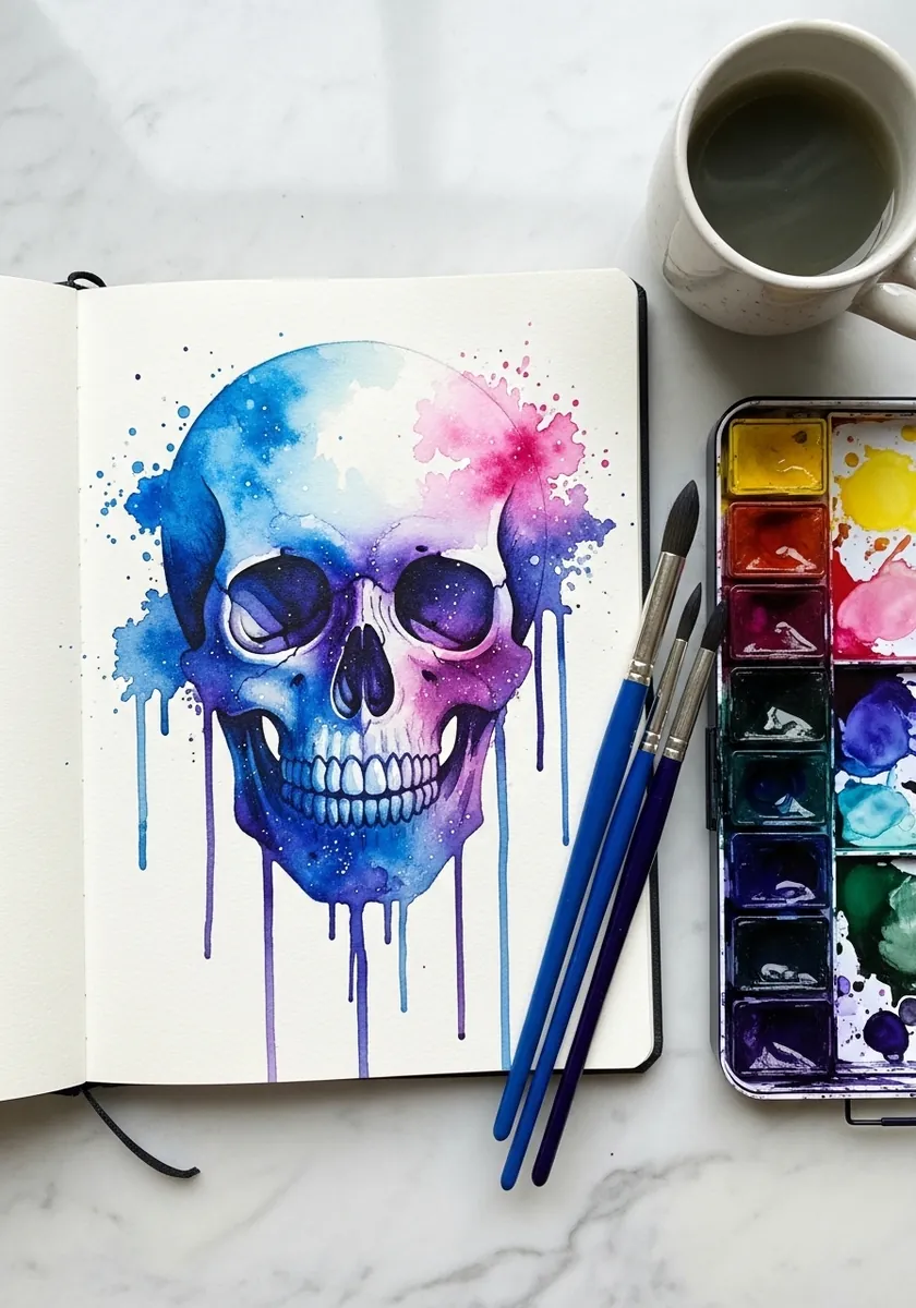 Watercolor skull in blue pink and purple with paint drips running down