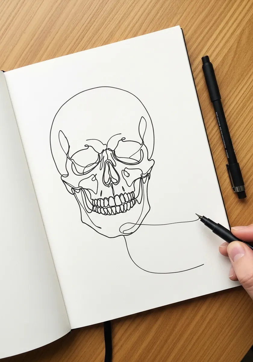 Skull drawn as one continuous unbroken black line on white paper
