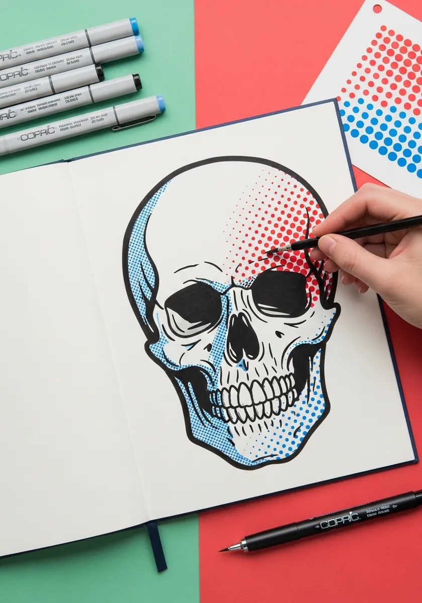 Pop art skull with red and blue halftone dot shading and a bold outline
