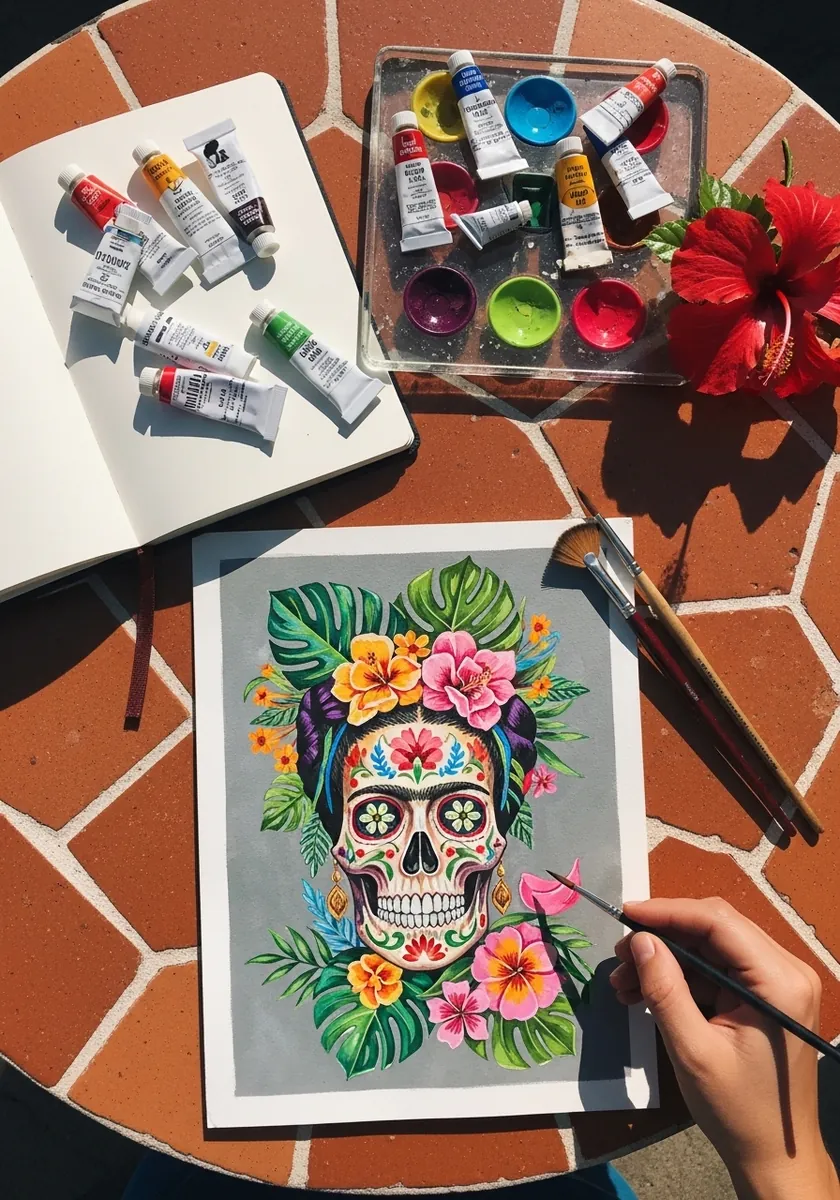 Sugar skull surrounded by tropical hibiscus flowers and monstera leaves