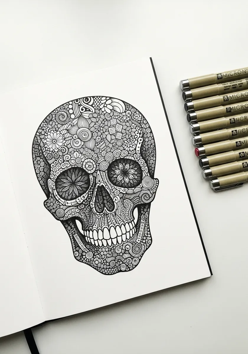 Skull filled with dense small doodle motifs in fine black ink