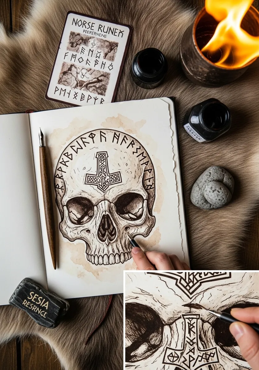 Skull with Norse runes carved around it and a hammer symbol on the forehead