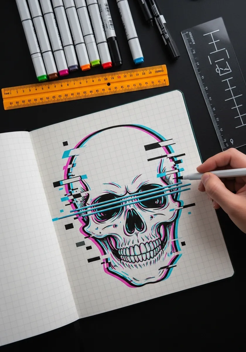 Skull with a digital glitch effect and offset cyan and magenta channels
