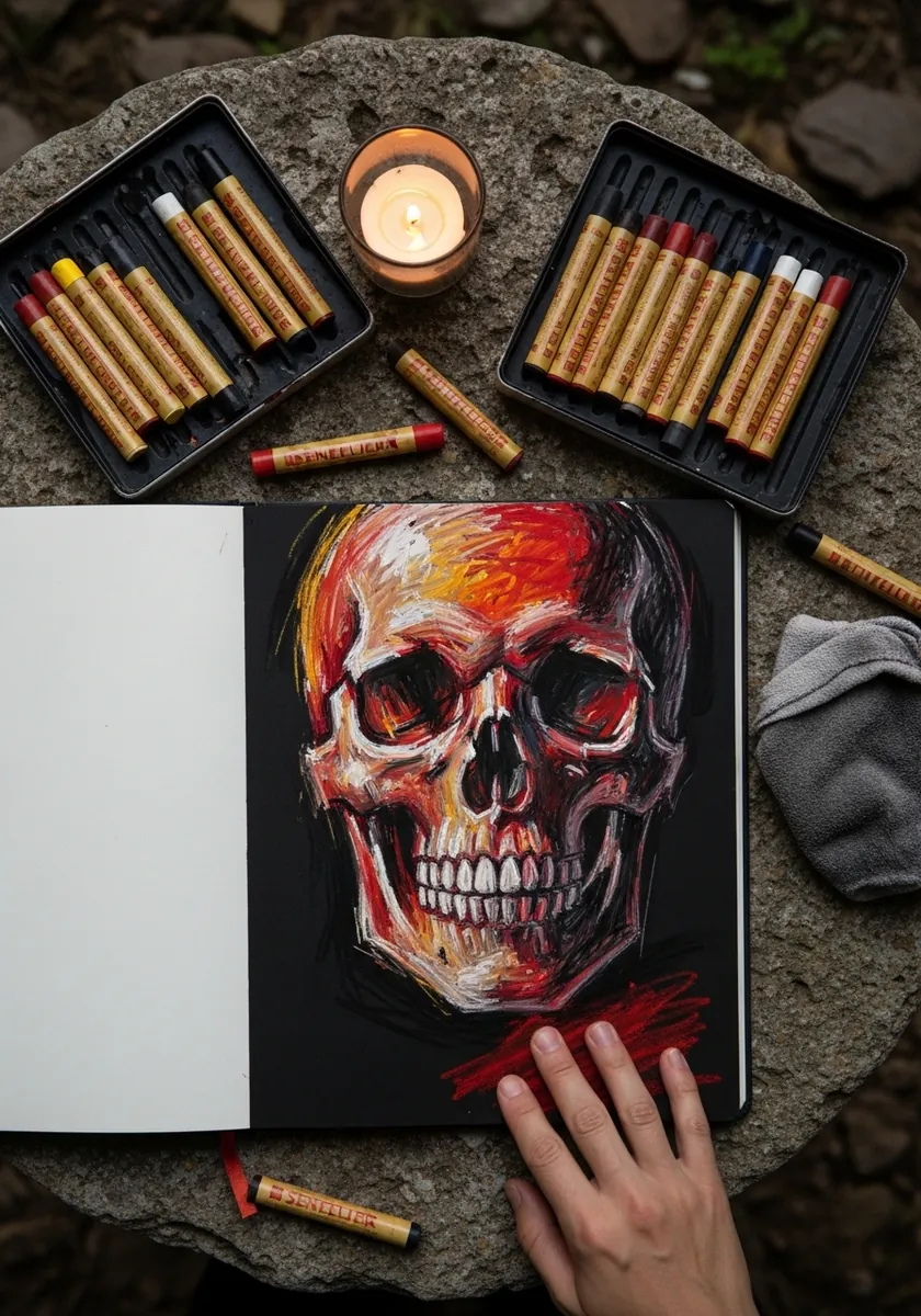 Expressive oil pastel skull in red orange and white on black paper