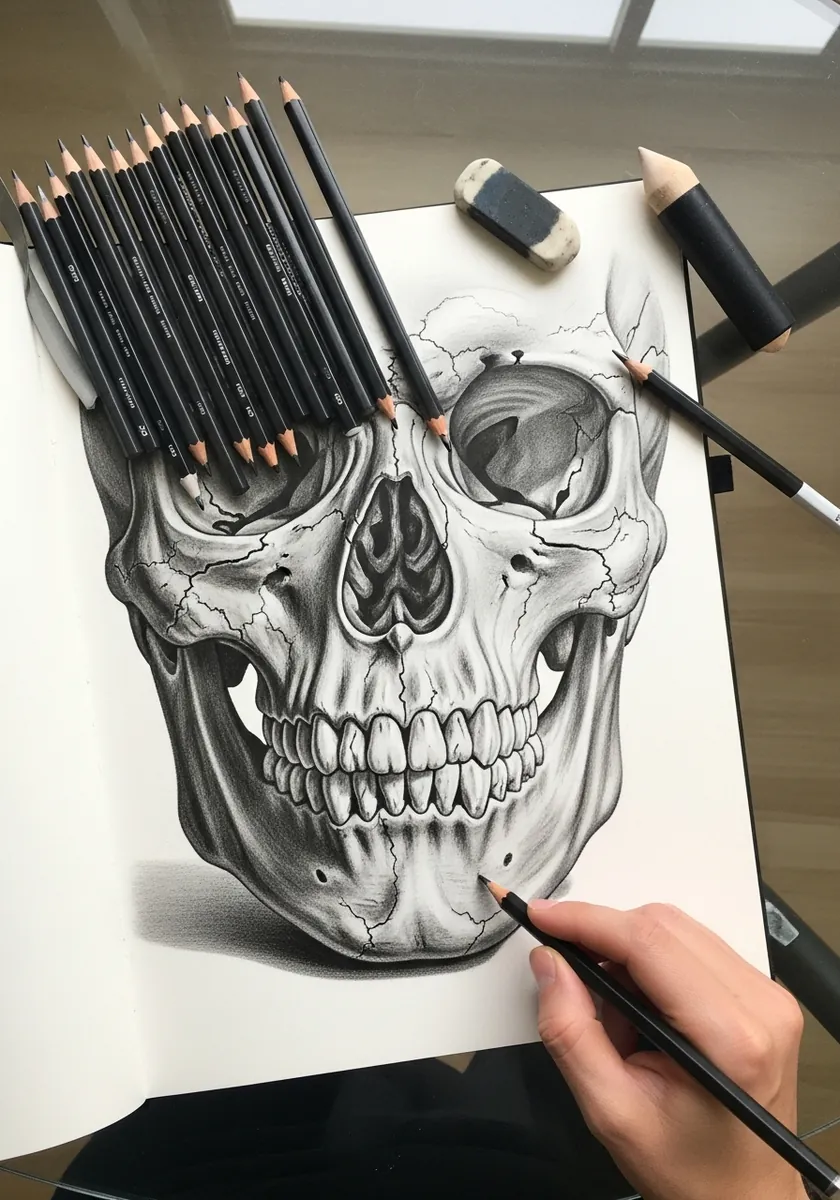 Realistic graphite skull drawing showing fine cracks across the cranium