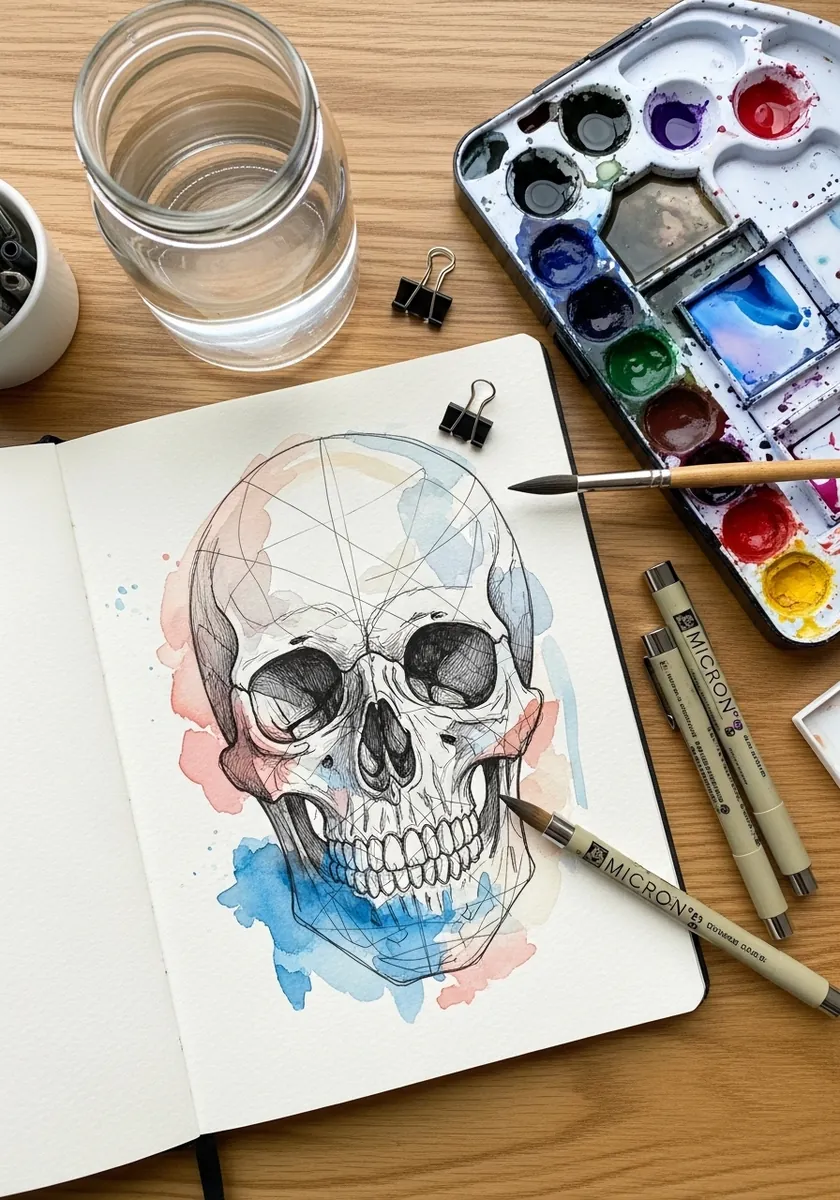 Ink skull with fine geometric construction lines and pale watercolor washes
