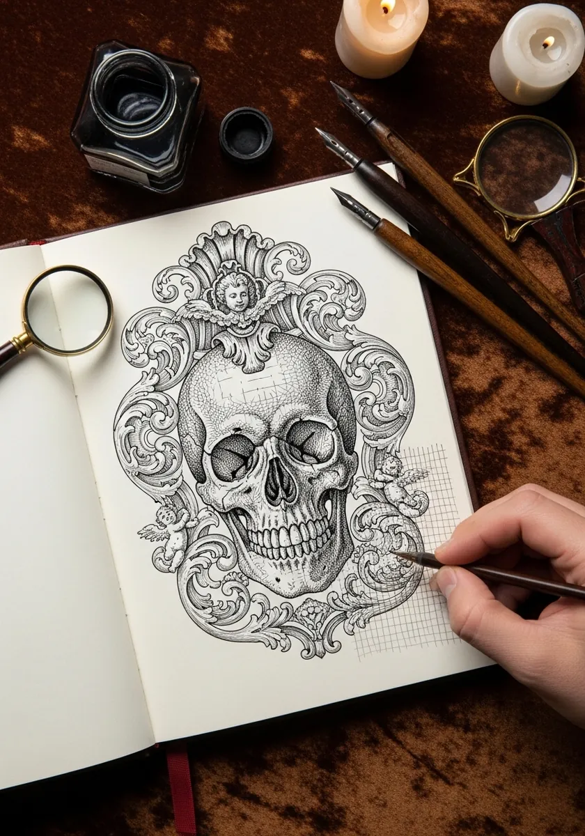 Skull inside an ornate baroque frame with scrollwork and a small cherub
