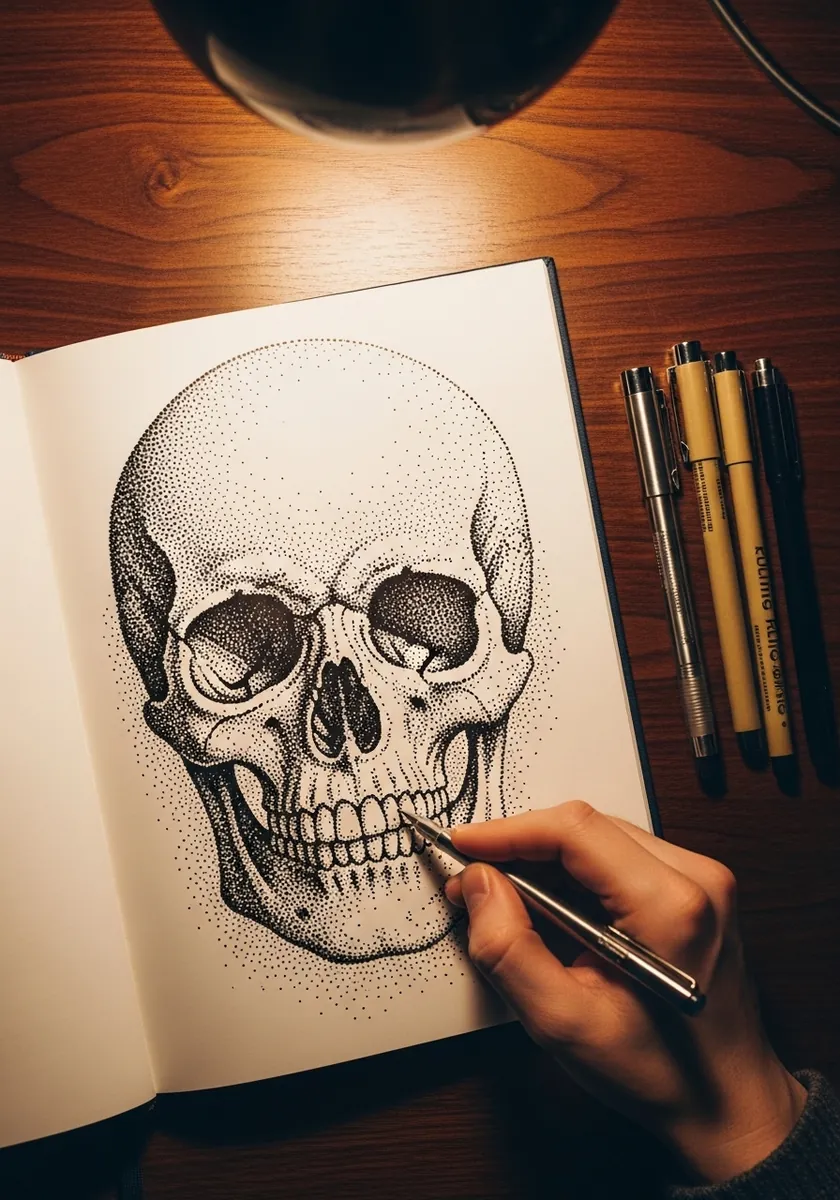 Skull drawn entirely from tiny ink dots with dense stippled shadows