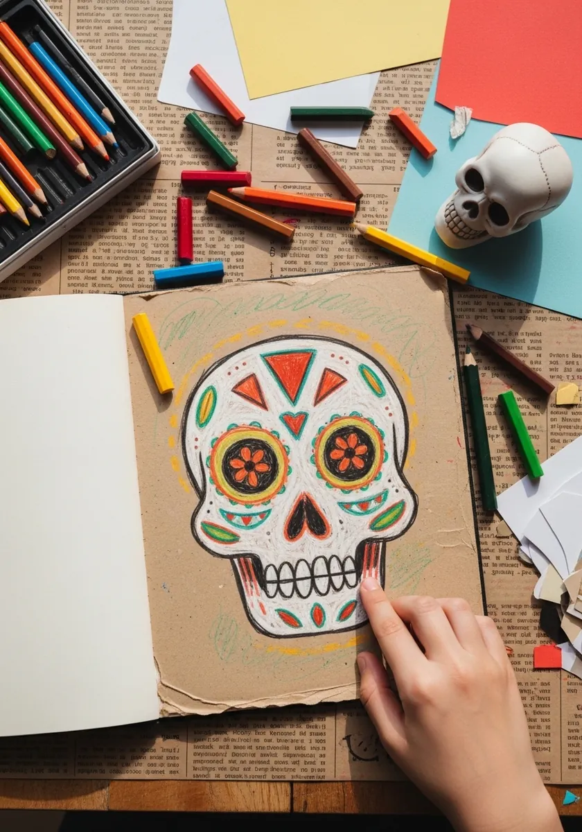 Folk sugar skull drawn in bright oil pastels on brown kraft paper