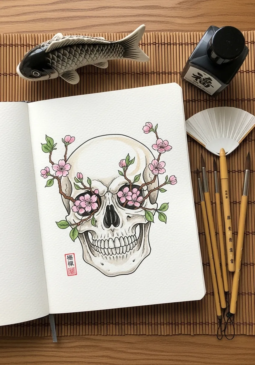 Skull with pink cherry blossom branches growing through the eye sockets