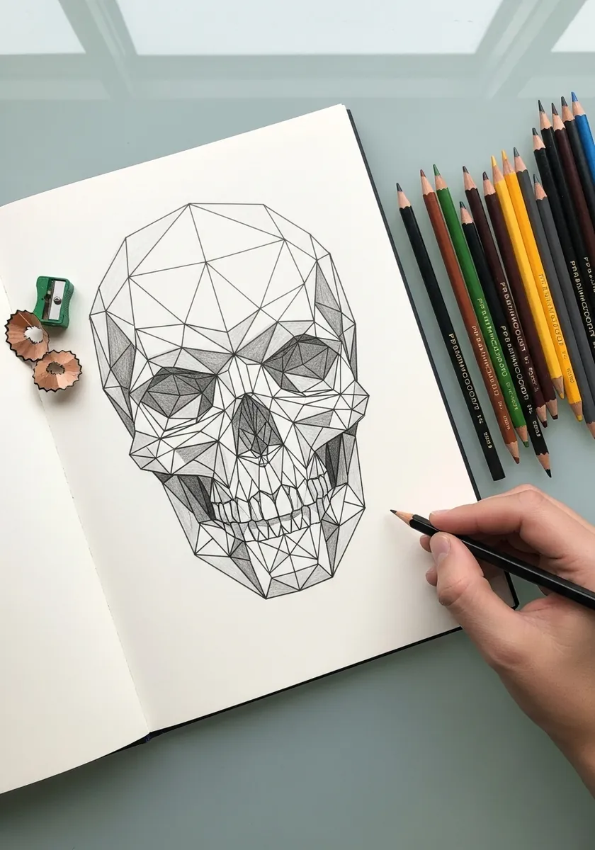 Low poly wireframe skull built from fine triangular facets in pencil