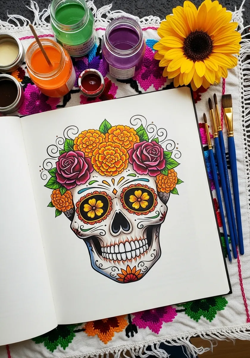 Colorful sugar skull decorated with marigolds and roses in bright paint