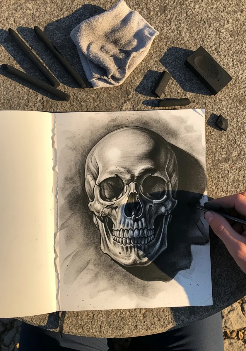 Charcoal drawing of a skull with a strong dark cast shadow beneath it