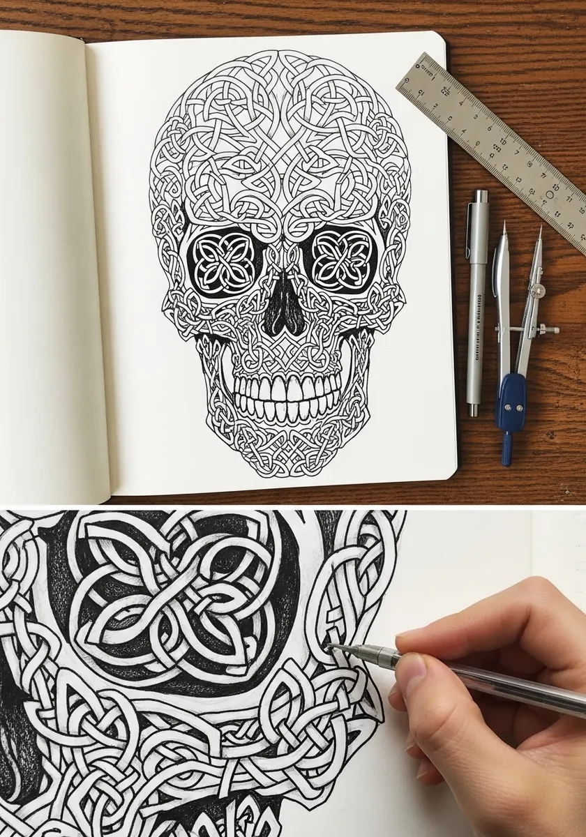 Skull filled with interwoven Celtic knotwork drawn in black ink